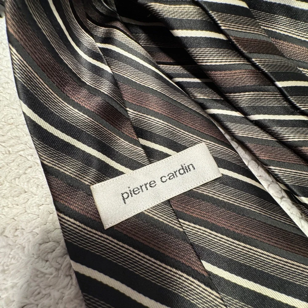 Pierre Cardin Tie Brown Black White Striped Business Formal Necktie Luxury VTG